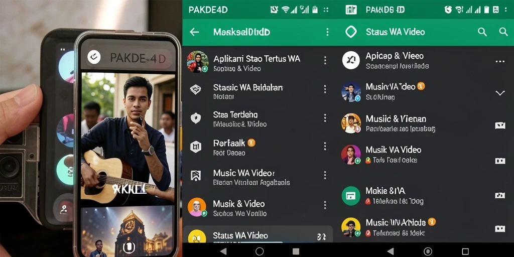 Antarmuka aplikasi PAKDE4D dengan berbagai pilihan video status WhatsApp.