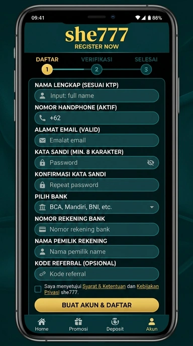 Tampilan halaman daftar she777