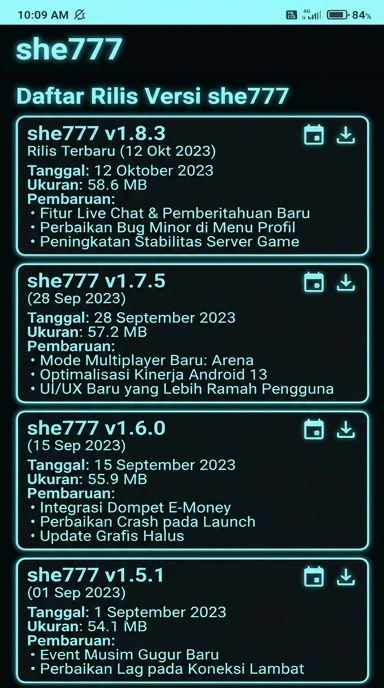 Tampilan riwayat versi she777